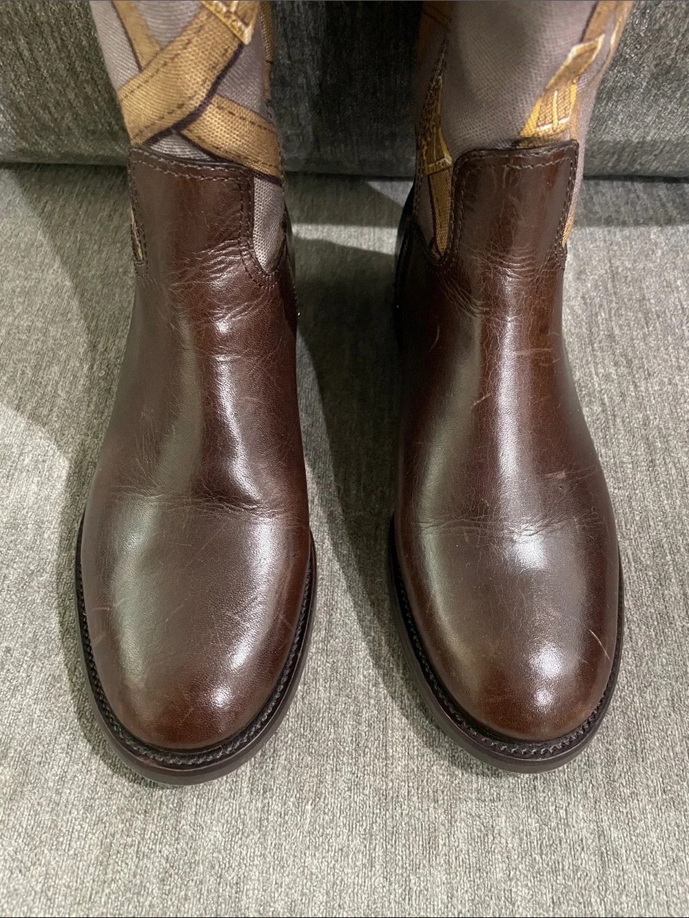 Tory Burch FELIX Riding Boots Brown Leather Equestrian Print Fabric Zip Size 5
